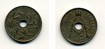БЕЛЬГИЯ 25 САНТИМОВ 1922 BELGIE KM 69 медно-никель 41-653