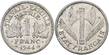 Франция 1 франк 1944 LB, тип Lourde, правительство Виши KM 902.1 алюминий 4142-937