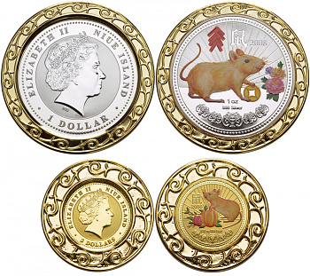 Ниуэ 1 и 2 доллара 2008 год крысы, редкие, цветная эмаль, в оригинальной упаковке золото, серебро PROOF 3-4-2-30