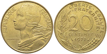 ФРАНЦИЯ 20 САНТИМОВ 1977 ТИП MARIANNE KM 930, LE FRANC 156.17 алюминиевая бронза 175-844