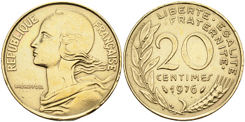Франция 20 сантимов 1976 тип Marianne KM 930 медь алюминий никель    4177-116