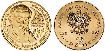 Польша 2 злотых 2009 MW, 25 лет со дня убийства Ежи Попелушко (1947-1984) KM 700 нордик UNC 4676-551