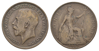 Великобритания 1 пенни 1917 Георг V (1910-1936) KM 810, Spink 4051 бронза 4661-534