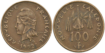 Французская Новая Каледония 100 франков 1992 хижина среди сосен и пальм, (IEOM) KM 15, Schoen 16, Lec 137 никель бронза 88-746