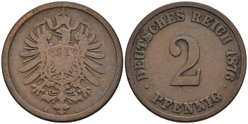Германия 2 пфеннига 1876 A, старогербовка KM 2, J. 2 медь 4575-711