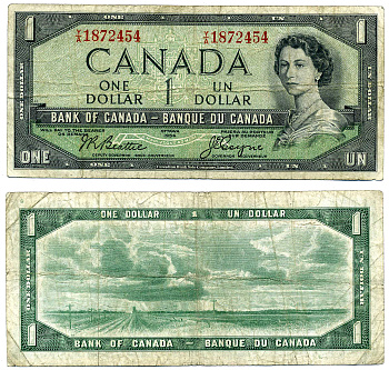 Канада 1 доллар 1955-1961 подписи BEATTIE-COYNE, CBNC Pick 74a бумага 2197-2-1-1