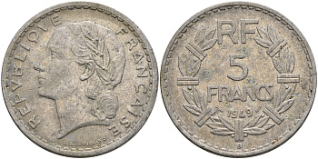 Франция 5 франков 1949 В, тип Лаврийе KM 888b.2, LE FRANC 339.19 алюминий 4590-526