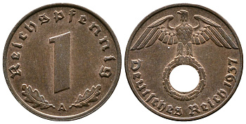 Германия 1 рейхспфенниг 1937 A KM 89, J. 361 бронза    220-229