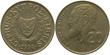 Кипр 20 центов 1994 KM 62.2 никель латунь 4402-324