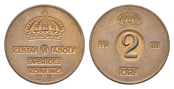 Швеция 2 эре 1961 TS Густав VI Адольф (1950-1973) KM 821 бронза 4705-914