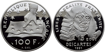 Франция 100 франков - 15 экю 1991 Декарт KM 1002 серебро PROOF 02-035-32