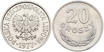 Польша 20 грошей 1977 MW, Народная Республика KM А47, Parchimowicz 208r алюминий aUNC 4580-662