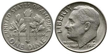 США 10 центов = дайм 1980 P, Рузвельт KM 195а медь плакированная медно-никелем 57-1216