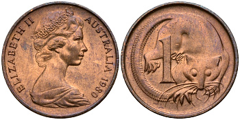 Австралия 1 цент 1980 опоссум, Елизавета II (1952-) KM 62 бронза 4115-1246