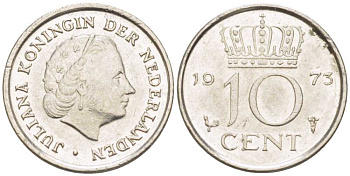 НИДЕРЛАНДЫ 10 ЦЕНТОВ 1973 ЮЛИАНА (1948-1980) KM 182 никель 214-1264
