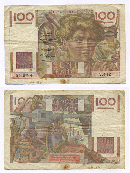 ФРАНЦИЯ 100 ФРАНКОВ 1952 3 АПРЕЛЯ 1952 Pick 128d бумага 7146-8-3-1