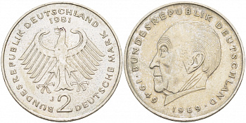 ФРГ 2 марки 1981 J, Конрад Аденауэр KM 124, J. 406 медно-никель плакированный никелем 3718-1032