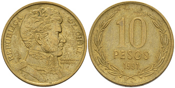 ЧИЛИ 10 ПЕСО 1991 KM 228.2 никель латунь 4364-3743