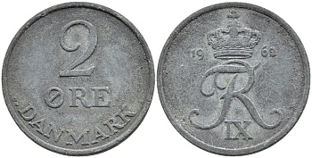 ДАНИЯ 2 ЭРЕ 1962 C; S, ФРЕДЕРИК IX (1947-1972) KM 840.2 цинк 51-1624