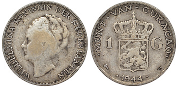 Нидерландское Кюрасао 1 гульден 1944 D, Вильгельмина (1890-1948) KM 45 серебро 36-732