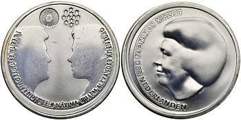 Нидерланды 10 евро 2002 королевская свадьба Виллема-Александра и принцессы Максимы KM 243 серебро UNC 650-1124