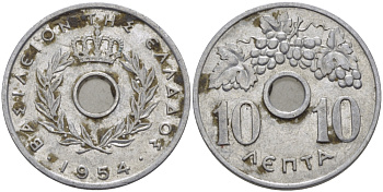 Греция 10 лепта 1954 Павел I (1947-1964), виноградная лоза KM 78 алюминий 28-213