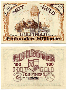 ТАИЛФИНГЕН 100000000 марок (100 МИЛЛИОНОВ) 1923 ОКТЯБРЬ 1923, НОТГЕЛЬД, ЗЕМЛЯ Keller 5119а бумага 2193-29-3-1