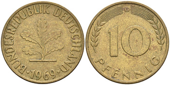 ФРГ 10 пфеннигов 1969 G KM 106 сталь плакированная латунью 4571-533