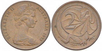 АВСТРАЛИЯ 2 ЦЕНТА 1973 ЕЛИЗАВЕТА II, МОЛОДОЙ ПОРТРЕТ, ПЛАЩЕНОСНАЯ ЯЩЕРИЦА (FRILLED LIZARD) KM 63 бронза 3457-627