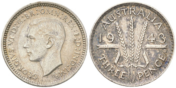 Австралия 3 пенса 1943 D, Георг V (1936-1952) KM 37 серебро 4621-1156