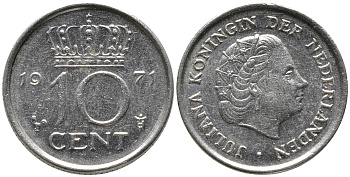 Нидерланды 10 центов 1971 Юлиана (1948-1980) KM 182 никель 4609-647