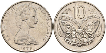 Новая Зеландия 10 центов 1979 Елизавета II (1952-2022), маска маори KM 41.1 медно-никель 4603-255