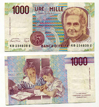 Италия 1000 лир 1990 Мария Монтессори Pick 114а бумага 8589-31-1-2