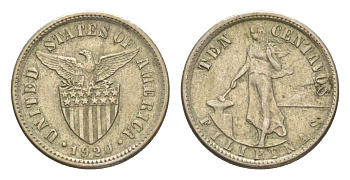 Филиппины 10 сентаво 1920 редкий год, тираж - 520.000 экземпляров KM 169 серебро 1527-1212