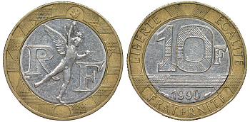 Франция 10 франков 1990 тип Гений Бастилии KM 964.1, Le Frank 375.5 биметалл 45-733