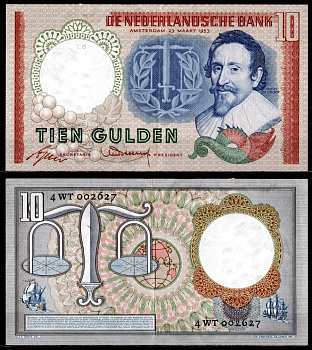 Нидерланды 10 гульденов 1953 Хьюго де Грyт. Весы Pick 85 бумага 451-1082-1