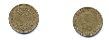 ИСПАНИЯ 1 ПЕСЕТА 1963 (65) ФРАНСИСКО ФРАНКО ДИКТАТОР ИСПАНИИ (1939-1975) KM 775 алюминиевая бронза 54-366