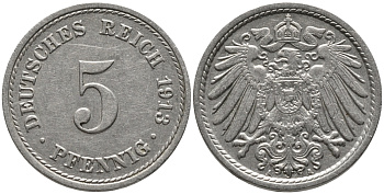 ГЕРМАНИЯ 5 ПФЕННИГОВ 1913 А, KM 11, J. 12 медно-никель 96-622