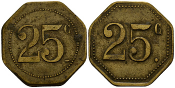 Франция 25 сантимов XIX-XX век ресторанный жетон латунь 4166-452