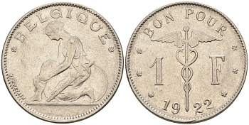 Бельгия 1 франк 1922 Belgique, Альберт I (1910-1934) KM 89 никель 4563-1147