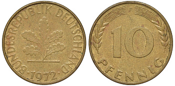 ФРГ 10 пфеннигов 1972 F KM 108, J. 383 сталь плакированная латунью 4132-547