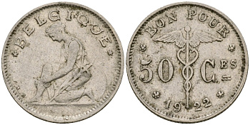 Бельгия 50 сантимов 1922 Belgique, Альберт I (1910-1934) KM 87 никель 73-127