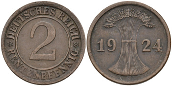 Германия 2 рентенпфеннига 1924 E, Веймарская республика KM 31 бронза 3955-456