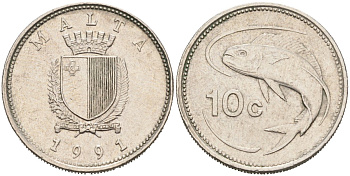 Мальта 10 центов 1991 макрель KM 96 медно-никель 4575-127