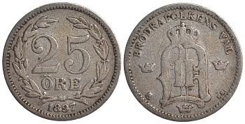 Швеция 25 эре 1897 EB, Оскар II (1872-1907) король Швеции и Норвегии KM 739 серебро 4179-824