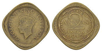 Индия 2 анны 1942 Отметка монетного двора - . (точка) - Бомбей KM 541a никель латунь 4624-1057