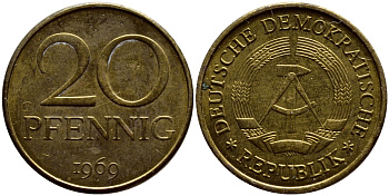 ГДР 20 пфеннигов 1969 А, первый год KM 11 латунь UNC 4398-232