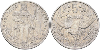 Французская Новая Каледония 5 франков 2003 птица кагу, (IEOM) KM 16, Schoen 12, Lec 81h алюминий 189-1135