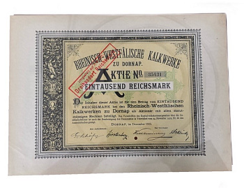 Германия акция в 1000 марок 1922 компании Rheinisch-Westfälische Kalkwerke AG / специализировалась на добыче известняка и производстве извести для сталелитейной промышленности бумага 5555-29