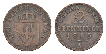 Пруссия 2 пфеннига 1853 A, Фридрих Вильгельм IV (1840-1861) KM 452, Jaeger 51, Olding 336, AKS 91 медь 4651-232